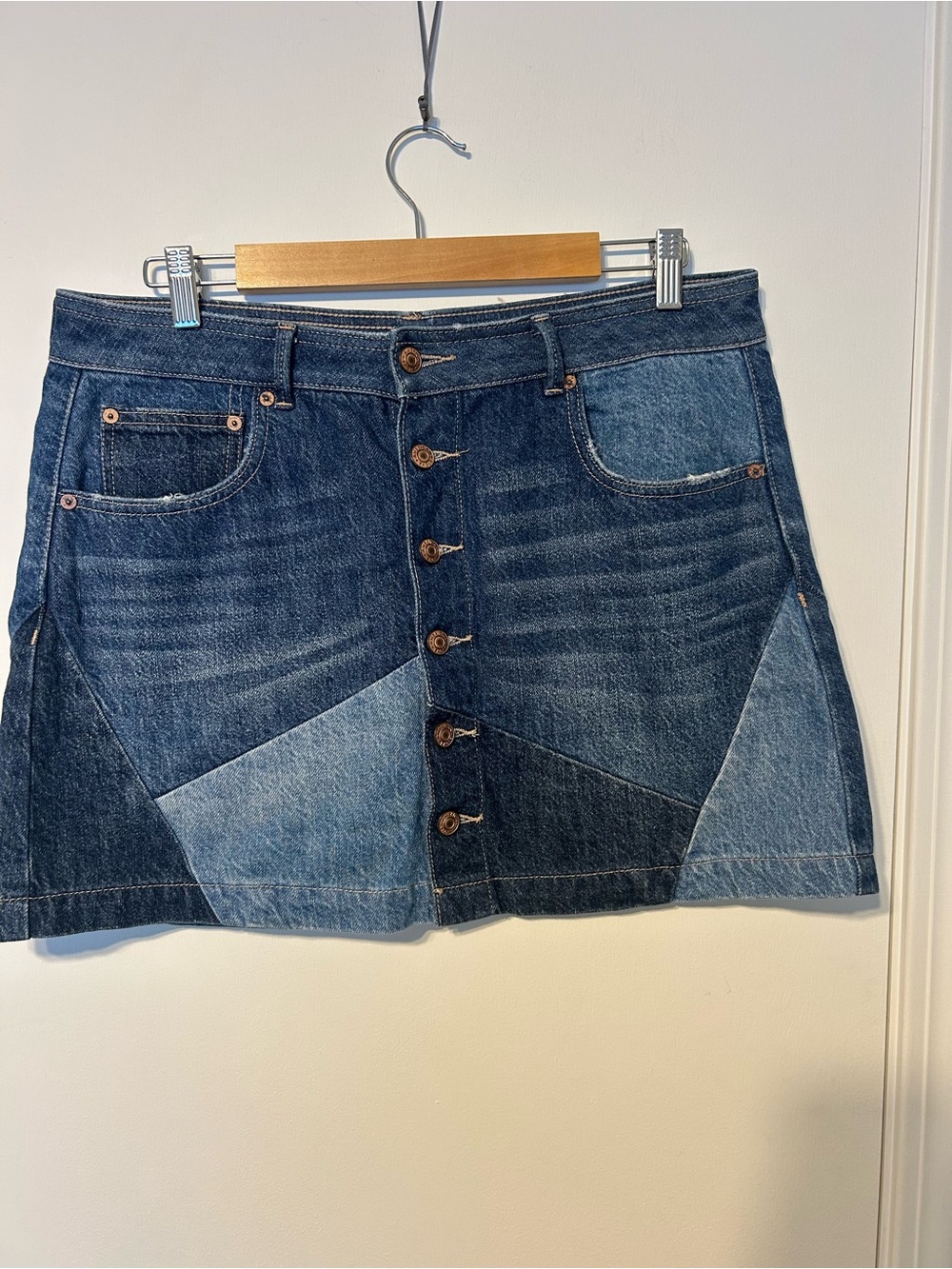American Eagle Outfitters Two-Tone Denim Patchwork Mini Skirt - Blue